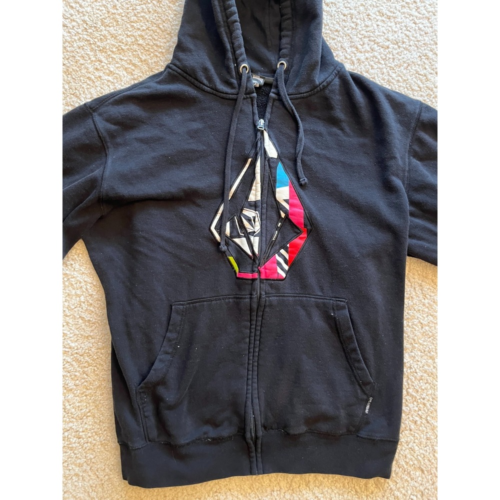 Vintage Volcom Skateboard Zip Hoodie Sweatshirt Mens XL Black Colorful Graphic